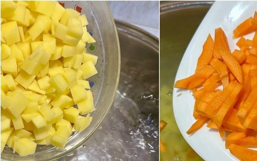 1. Этап. Суп. Из шампиньонов. Экспресс: Картошек три штуки нарезал, чтобы есть удобно было и кастрюлю с водой закипающей ее отправил. Воды в кастрюлю налил два литра. Морковку средних размеров брусочком накрошил и к картошке добавил.