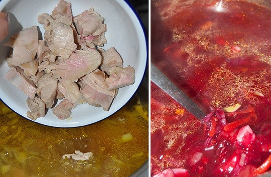 1. Этап. Самый вкусный борщ: Шаг 7. В бульон выложите мясо, предварительно нарезав его порционными кусочками, и свеклу.