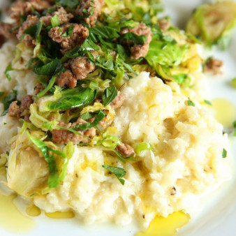 Cheesy Cauliflower Mash with Sausage and Brussels Sprouts