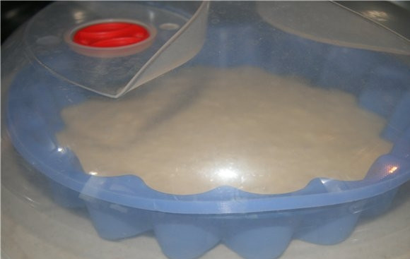 1. Этап. Бисквит в микроволновке: Посуду для микроволновки, в которой будете печь бисквит( или силиконовая, или стеклянная с высокими бортиками) смазываем маслом. Выливаем в нее подготовленное тесто и накрываем или специальной крышкой для микроволновки или просто тарелкой.