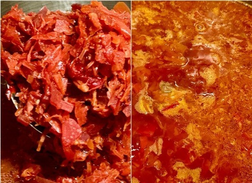 1. Этап. Борщ. Два пути: Выложил заправку в кастрюлю. Аккуратно перемешал. Сбалансировал на соль-перец. Еще полчаса (но тут пробовать надо) и борщ будет готов. Я люблю, чтобы в кастрюле борщ был в «чистом» виде. Борщовость содержимого портить совершенно не надо.