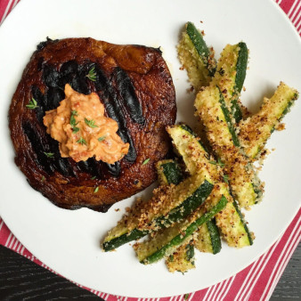 Grilled Portobello Steaks with Sundried Tomato Aioli and Baked Zucchini Fries
