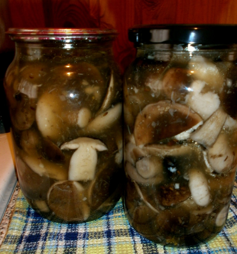 1. Этап. Маринованные подберезовики на зиму: Выкладываем грибы в стерилизованные баночки, добавляем уксус (на 1 литр - 1 десертная ложка уксуса), заливаем маринадом. Закрываем баночки крышками и переворачиваем до полного остывания.