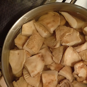 1. Этап. Грузди маринованные: Очищенные грибы залить водой так, чтобы она полностью покрыла грибы, поставить кастрюлю с грибами на огонь, дать закипеть и варить 30мин. Затем воду слить и промыть грибы под проточной водой.