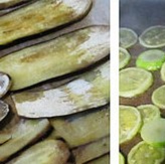 1. Этап. Кабачки и баклажаны с фаршем: Солим наши колечки и полосочки, и выкладываем на смазанный маслом противень( у меня получилось два), сверху солим еще раз. Ставим в разогретую на 130-150 градусов духовку, на 10 минут, до мягкости.