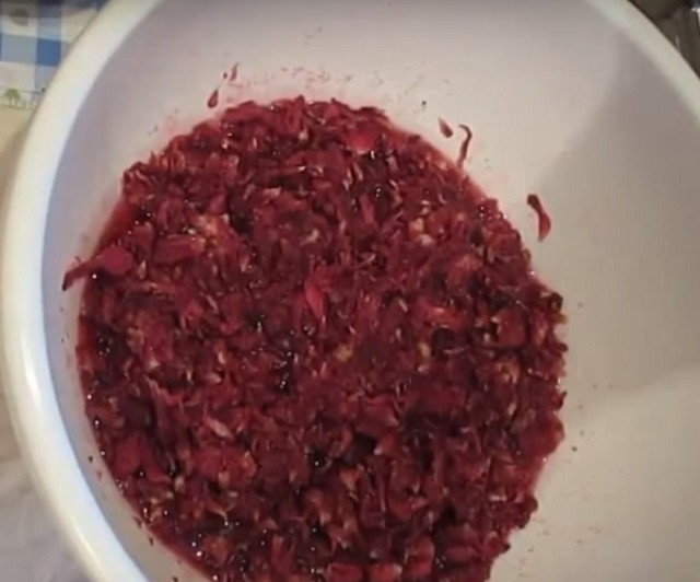 1. Этап. Варенье из розовых лепестков с лимонным соком: Полейте лепестки лимонным соком. Перемешайте руками или лопаткой. Оставьте при комнатной температуре на 6-12 часов. Вы увидите, что за это время лепестки уменьшатся в размерах и выделится сок.