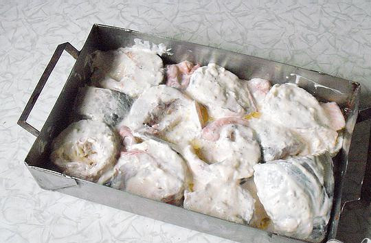 1. Этап. Кефаль под майонезом: 4. Растительным маслом смазываем противень, выкладываем кусочки рыбы, сверху на рыбу поливаем оставшимся майонезным соусом, специями и соком лимона. Можно добавлять сухого белого вина.