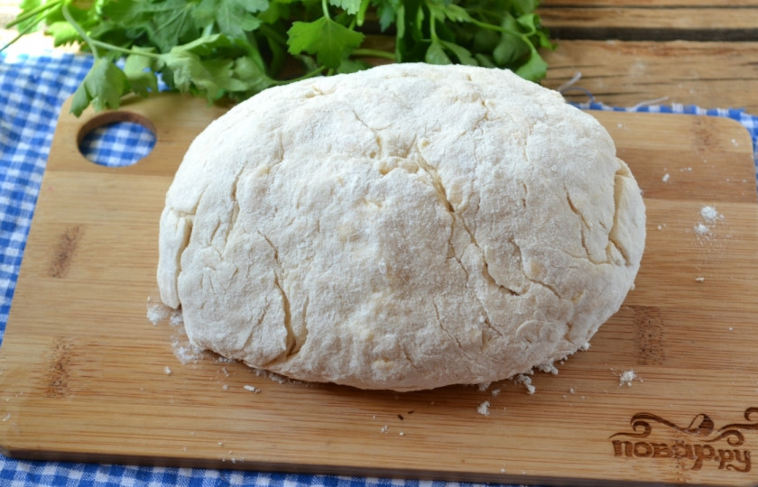1. Этап. Сырные лепешки на кефире: Готовое тесто оставьте минут на 15.
