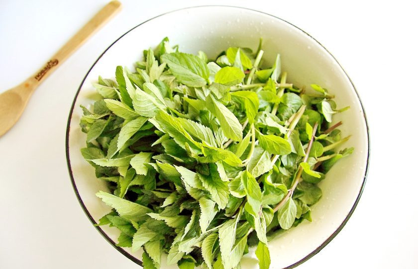 1. Этап. Варенье из мяты: Мятные листья вместе со стеблями тщательно промойте под проточной водой, затем переложите их в эмалированный таз.