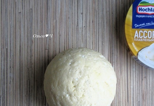 1. Этап. Творожные пирожки с сыром Ассорти: Замесите эластичное, чуть липнущее к рукам тесто, оставьте на 15-20 минут под полотенцем.