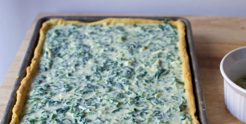 1. Этап. Ленивый киш со шпинатом: В отдельной емкости взбейте яйца, добавьте соль, перец, сливки и хорошо перемешайте. После этого отправьте в смесь рубленую зелень, вылейте начинку на тесто.