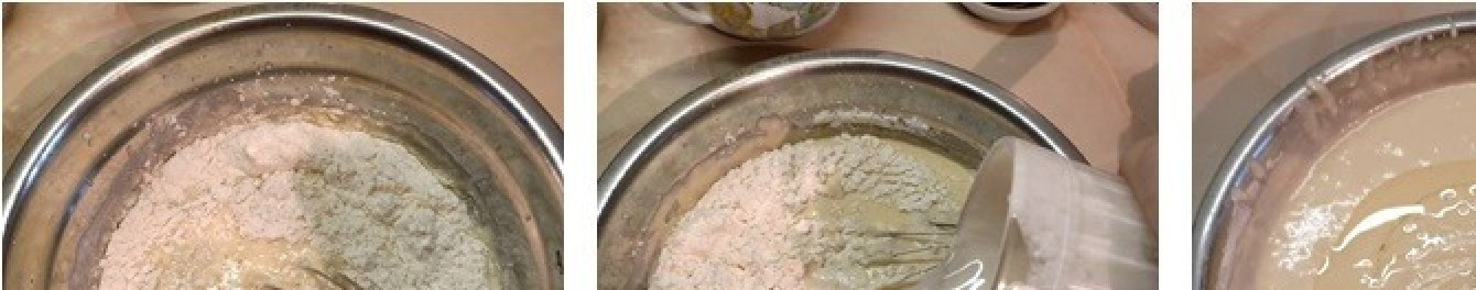 1. Этап. Оладушки Злата: Добавить муку, замесить тесто. Продолжая помешивать, тонкой струйкой влить воду. Потом добавить масло и еще раз перемешать.