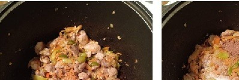 1. Этап. Картошка, тушеная с мясом: Добавить нарезанные овощи, также, не убавляя огонь, обжарить их до румяности, если масла в казане мало, добавить еще. Положить приправу, соль, перец, коренья, и, помешивая, потомить еще пару минут.