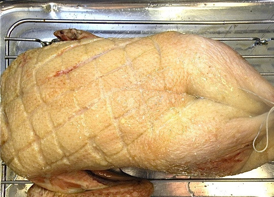 1. Этап. Запеченная утка в духовке: 4. Выложите утку на решетку, под нее установите противень для сбора жира. Отправьте птицу в разогретую до 180 градусов духовку.