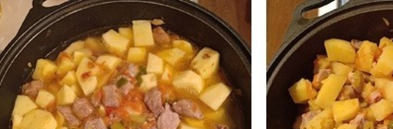 1. Этап. Картошка, тушеная с мясом: В казан с овощами выложить нарезанный картофель. Осторожно перемешивая все содержимое, налить воду, прикрыть крышкой и томить на среднем огне 20-30мин (можно чуть больше, на ваше усмотрение). Затем положить лавровый лист и варить еще 5мин. Казан выключить и оставить настояться на 10 - 15мин.