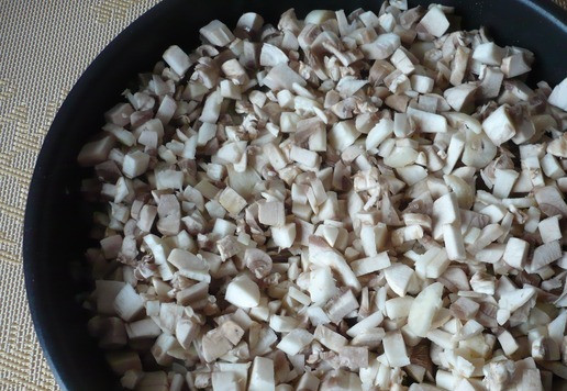 1. Этап. Мясные гнезда из фарша индейкиЗмейки: Теперь приготовим начинку: мелко нарезать луковицу и обжарить на растительном масле до мягкости. Затем добавьте мелко нарезанные шампиньоны и жарьте на среднем огне около 5 минут, периодически помешивая. Посолите, добавьте черный молотый перец.