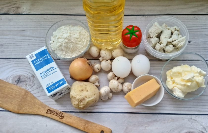 1. Этап. Киш с индейкой, грибами и картошкой: Возьмите ингредиенты для приготовления киша.