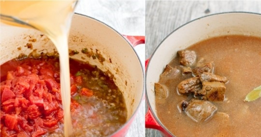 1. Этап. Суп Харчо из говядины: 3. Добавьте помидоры (консервированные в собственном соку или свежие, нарезанные кубиками без кожуры), влейте бульон и воду. Выложите обратно мясо. Доведите до кипения, уберите огонь до минимума и оставьте на пару часов.