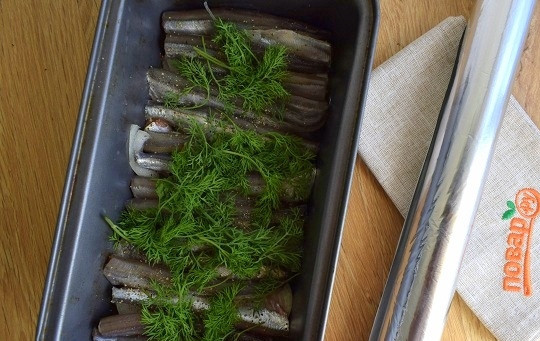 1. Этап. Мойва, запеченная в фольге в духовке: Сверху — слой мойвы. Посыпьте молотым перцем и посолите по вкусу. Выложите веточки укропа. Форму накройте фольгой.