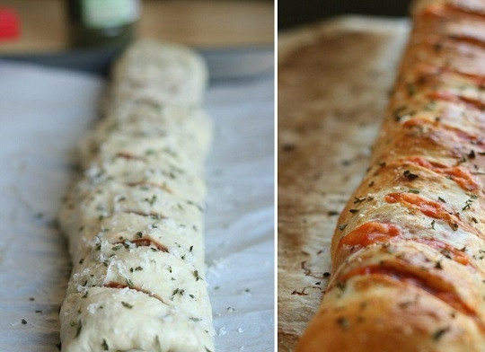 1. Этап. Закрытая пицца Стромболи: 7. Острым ножом сделайте небольшие надрезы. По желанию можно присыпать травами или щепоткой пармезана. Отправьте 