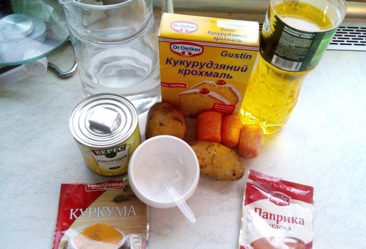 1. Этап. Суп-пюре кукурузный: 1. Собираем все ингредиенты для приготовления блюда.