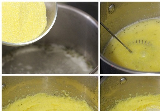 1. Этап. Полента а-ля картофель фри: При постоянном помешивании всыпать поленту в кипящую воду. Готовить на небольшом огне, помешивая, 2 минуты. Готовую поленту снять с огня. Сразу же добавить тёртый сыр и хорошо перемешать.