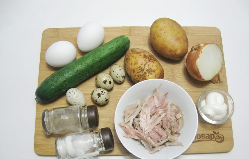 1. Этап. Салат Воронье гнездо: Подготовьте все ингредиенты для приготовления салата.