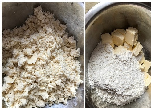1. Этап. Песочный пирог с сыром: 2. Первым делом приготовим песочное тесто. Сливочное масло перетираем в крошку вместе с мукой.
