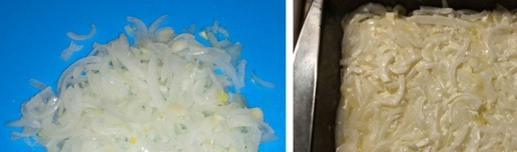 1. Этап. Салат Грибоза: Лук нарезать тонкими полукольцами, залить кипятком и оставить на 10 минут. После, максимально стряхнуть с него всю воду. Выложить вторым слоем, покрыть майонезом.