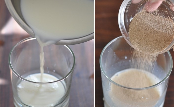 1. Этап. Заварной кулич: 2. Подогрейте миллилитров 50 молока. Добавьте дрожжи и сахар, оставьте минут на 7-10.