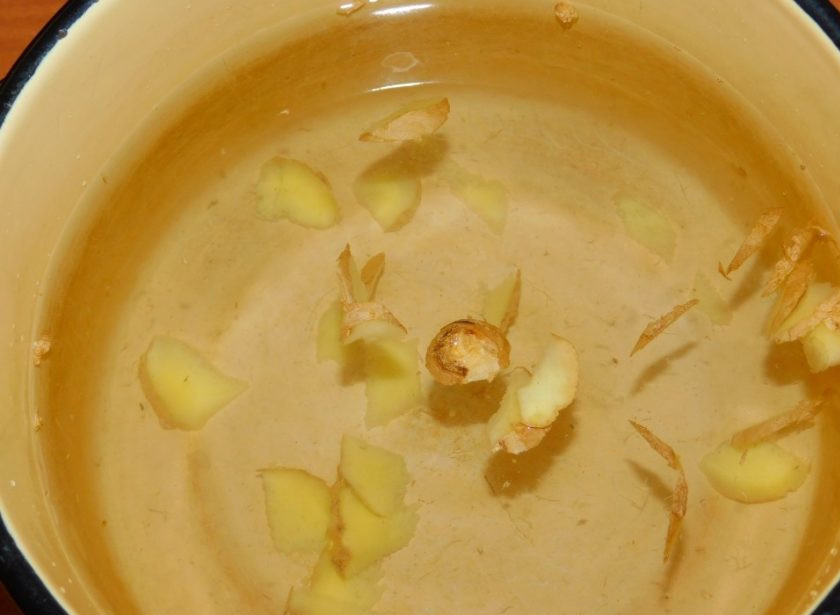 1. Этап. Противовирусный имбирный напиток с клюквой: Имбирь нарежьте небольшими кусочками, залейте водой и доведите до кипения.