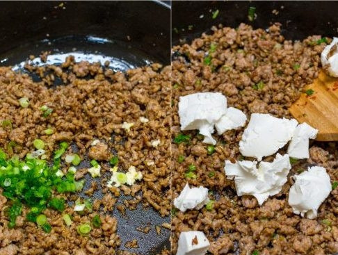 1. Этап. Грибы, фаршированные фаршем и сыром: 4. Затем добавьте сливочный сыр , жарьте при постоянном помешивании.