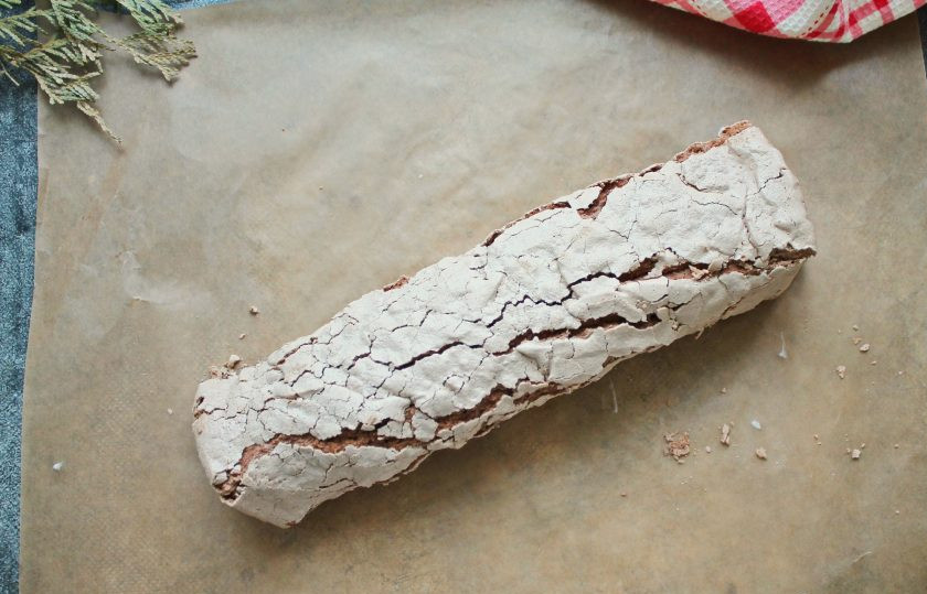 1. Этап. Шоколадный меренговый рулет: Помогая себе пергаментом, аккуратно сверните в рулет. Заверните его в пергамент и уберите в холодильник на 1-2 часа.