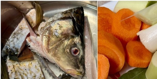 1. Этап. Уха …, суп рыбный по-ростовски: Попался мне тут на рынке сазан. Хороший такой. Крупный. В общем, решил я уху сварить. По типу ростовской. Без излишеств. Сначала про бульон. Есть некоторые хитрости, которые стоит применить, чтобы получить чистый, прозрачный, ароматный бульон. Конечно, оно хорошо было бы сначала ершей, например и т. д. НО! Чего нет, того нет. Поэтому в бульон пошла голова (естественно, обязательно удалить жабры) и прочее – хвосты, плавники и т. д. А еще для бульона понадобится: морковка, лука репчатого головка, порей еще хорошо, уж очень он с рыбой сочетается. Ну и прочие перцы, лаврушки и …, в общем, кому что нравится. Зелень рекомендую связать в букетик. Пучок сделать. Лук, морковь можно слегка подпечь. На сухой только сковороде, или противне. Опять же наука утверждает, что при запекании происходит реакция Майяра и в этих продуктах образуются меланоидины. Очень они положительно на вкус влияют. Утверждается, что именно они создают вкус жареных и запеченных продуктов.