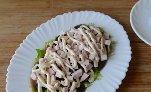 1. Этап. Салат Княжий град: Кладём следующим слоем порезанную копчёную индейку, наносим полоски майонеза.