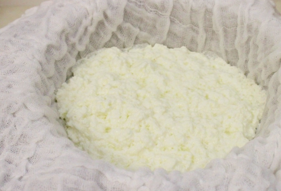 1. Этап. Творог из кислого молока: Берем еще одну кастрюлю, ставим на нее дуршлаг, застилаем его марлей. Выливаем на марлю молоко, чтобы жидкость стекла в пустую кастрюлю. Как вариант, можно завязать марлю узлом и повесить над кастрюлей, уже через 3-4 часа творог будет полностью готов!