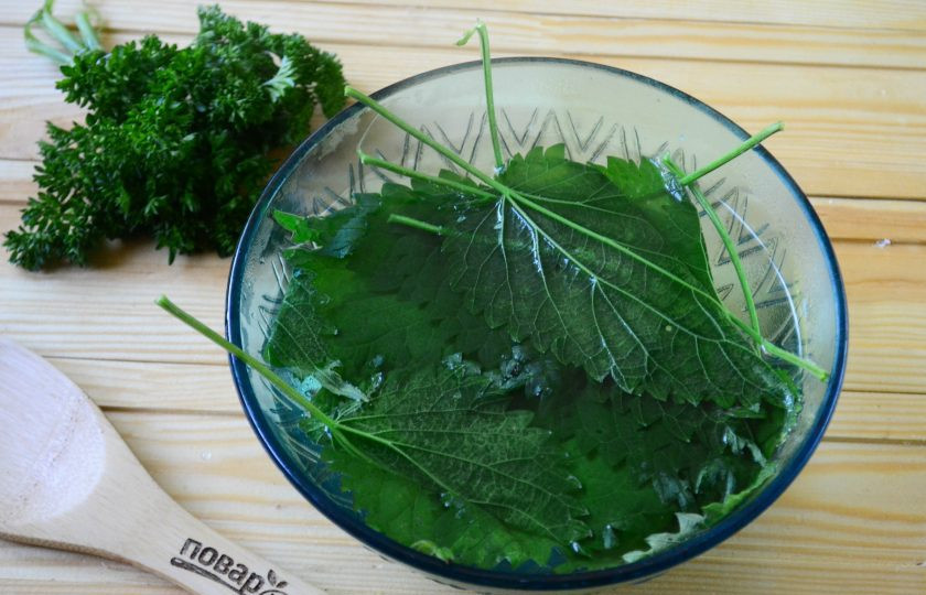 1. Этап. Салат из крапивы с яйцом и огурцом: Крапиву положите в глубокую тарелку и залейте кипятком. Оставьте на несколько минут, а затем откиньте крапиву на дуршлаг. Когда стечет вся вода, мелко порежьте крапиву.