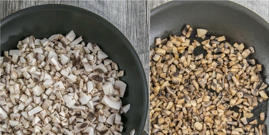 1. Этап. Салат новогодний из грибов: Хорошенько разогрейте сковороду с растительным маслом. Обжарьте на ней до мягкости мелко нарезанные шампиньоны. Затем переложите шампиньоны в салатник.