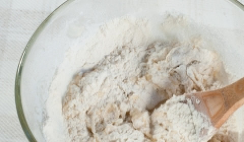 1. Этап. Тесто для пиццы с медом: 3. Вначале может показаться, что основа получается слегка комковатой, но так должно быть. Когда мука полностью впитает воду, начинайте вымешивать тесто руками.