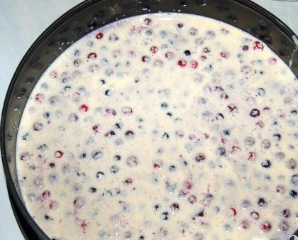 1. Этап. Манник с лесными ягодами: 5. Вылить поверх ягоды приготовленную манную смесь, осторожно разровнять. Выпекать манник в духовке при 200 градусах, до золотистой корочки. Проверить готовность манника ножом – воткнутый в середину манника, он должен выйти чистым. Если на ноже есть тесто, поставьте его обратно в духовку пропекаться. Дать маннику полностью остыть до комнатной температуры, нарезать на кусочки и подавать.