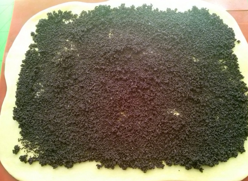 1. Этап. Рулет с маком: 8. Раскатайте тесто в тонкий прямоугольный пласт по размеру вашего противня. Выложите сверху мак.