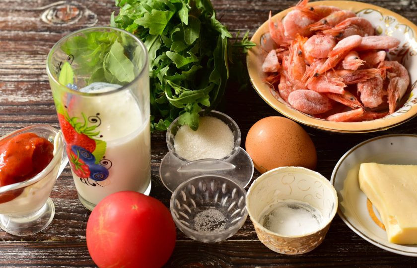 1. Этап. Пицца с креветками и рукколой: Подготовьте ингредиенты.