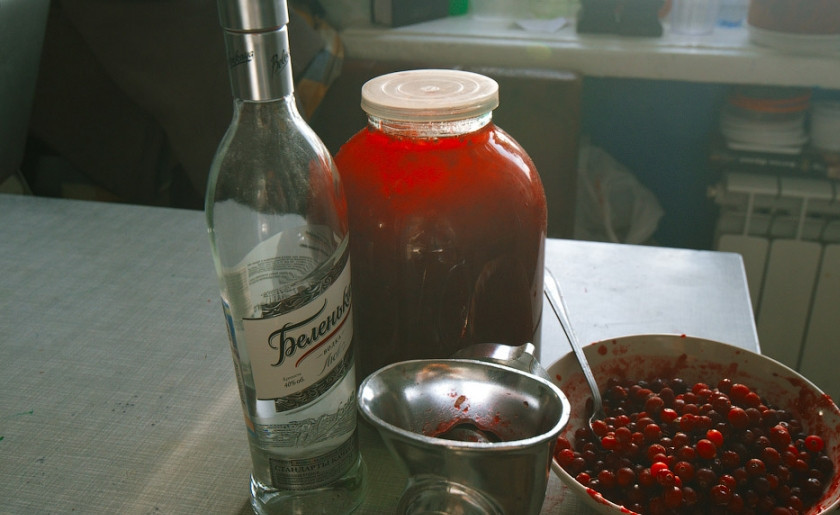 1. Этап. Брусничная настойка: 1. Подготовим ингредиенты. Брусника должна быть только из морозилки, но уже без инея. Водка - холодная.