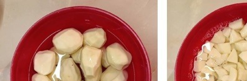 1. Этап. Картошка с вешенками, томленая в духовке: Картофель помыть, почистить и нарезать крупными кубиками.