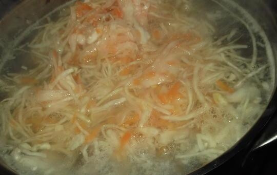 1. Этап. Капустняк украинский: Промытую свинину поставьте вариться в воде. Когда она закипит, снимите с бульона пену. После этого добавьте капусту. Варите суп 1,5 часа.