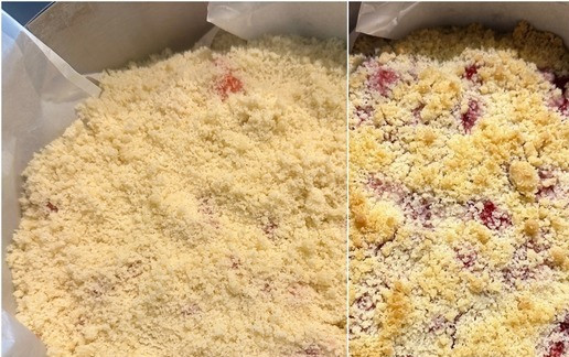 1. Этап. Насыпной пирог с клубникой: Потом, конечно, крошку выровнял и пирог опять отправился в духовку. Градусы те же, на 45 минут. Режим «верх-низ», никакой конвекции. Вот так вот – подрумянится пирог слегка.