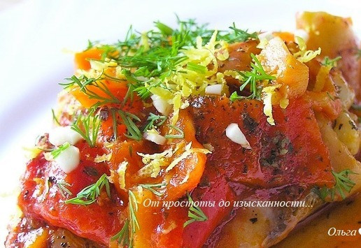 1. Этап. Оссобуко из курицы: На тарелку выложите порцию курицы, добавьте немного овощей, полейте образовавшимся соусом. Посыпьте ароматной цедрой лимона, измельченным чесноком и петрушкой (у меня сегодня укроп).