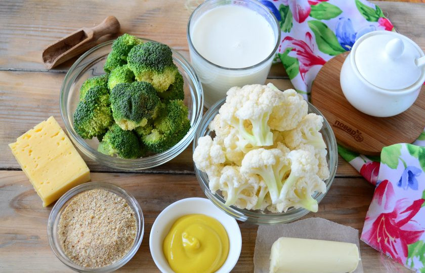 1. Этап. Гратен из цветной капусты и брокколи: Подготовьте все необходимые ингредиенты. Цветную капусту и брокколи лучше использовать свежие, но не в сезон можно использовать и замороженные.