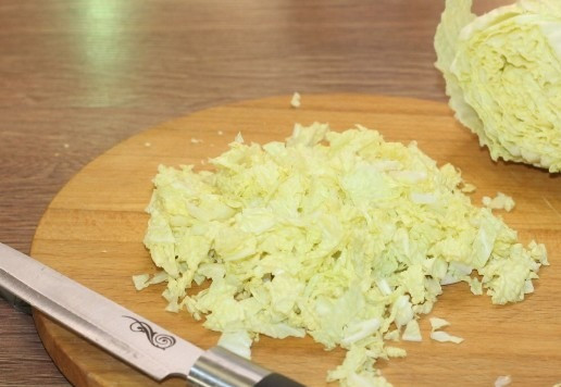 1. Этап. Ленивые пельмени с индейкой и капустой: 7. Подготовим начинку. Нарезаем мелко капусту, репчатый лук и чеснок.