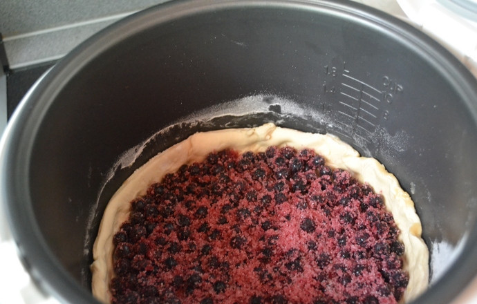 1. Этап. Пирог с черникой в мультиварке: Выкладываем ягоды в мультиварку на тесто. Закрываем крышку, включаем режим 